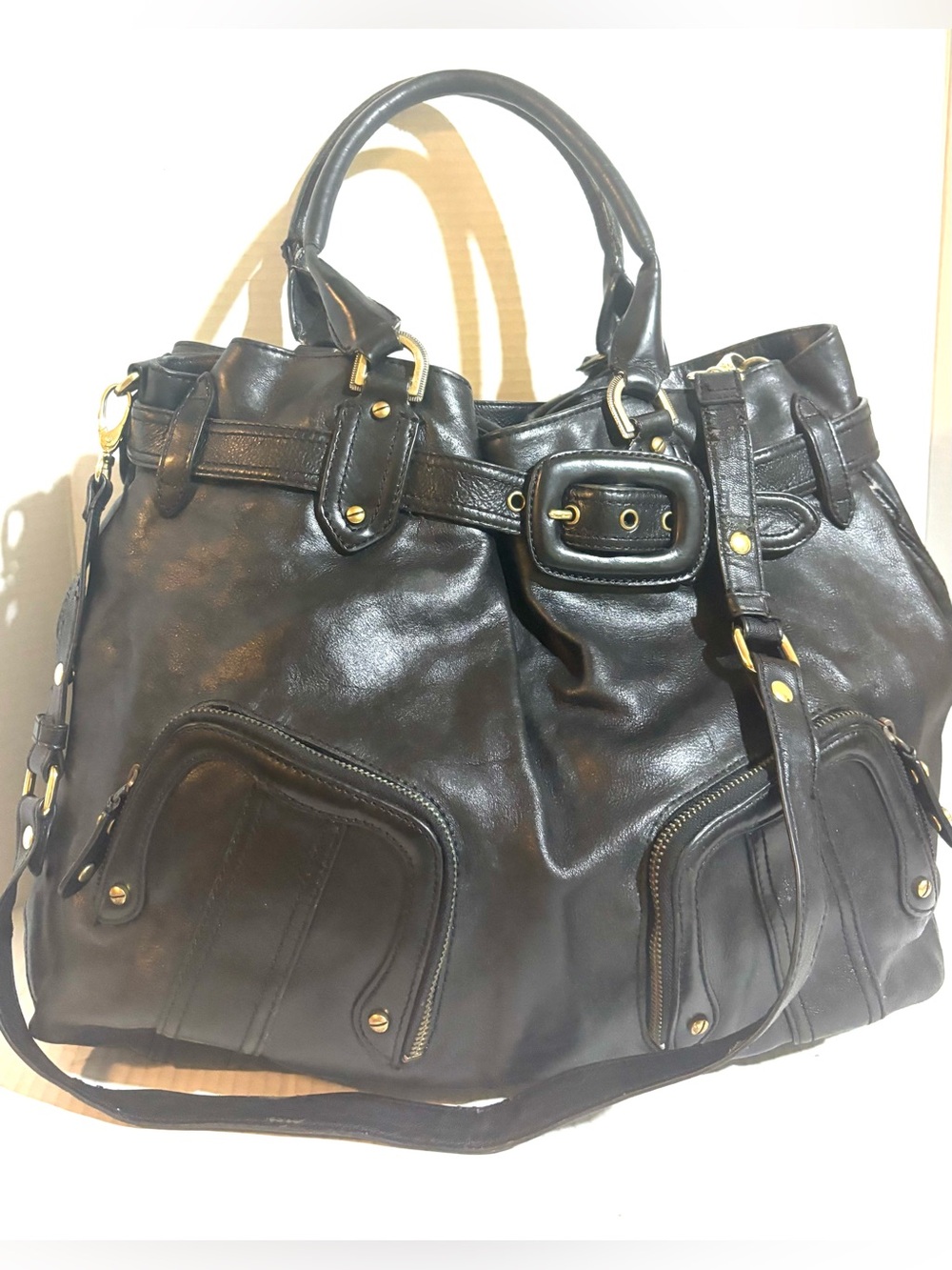 Cole Haan Black Leather Buckle Tote with Front Zip Pockets